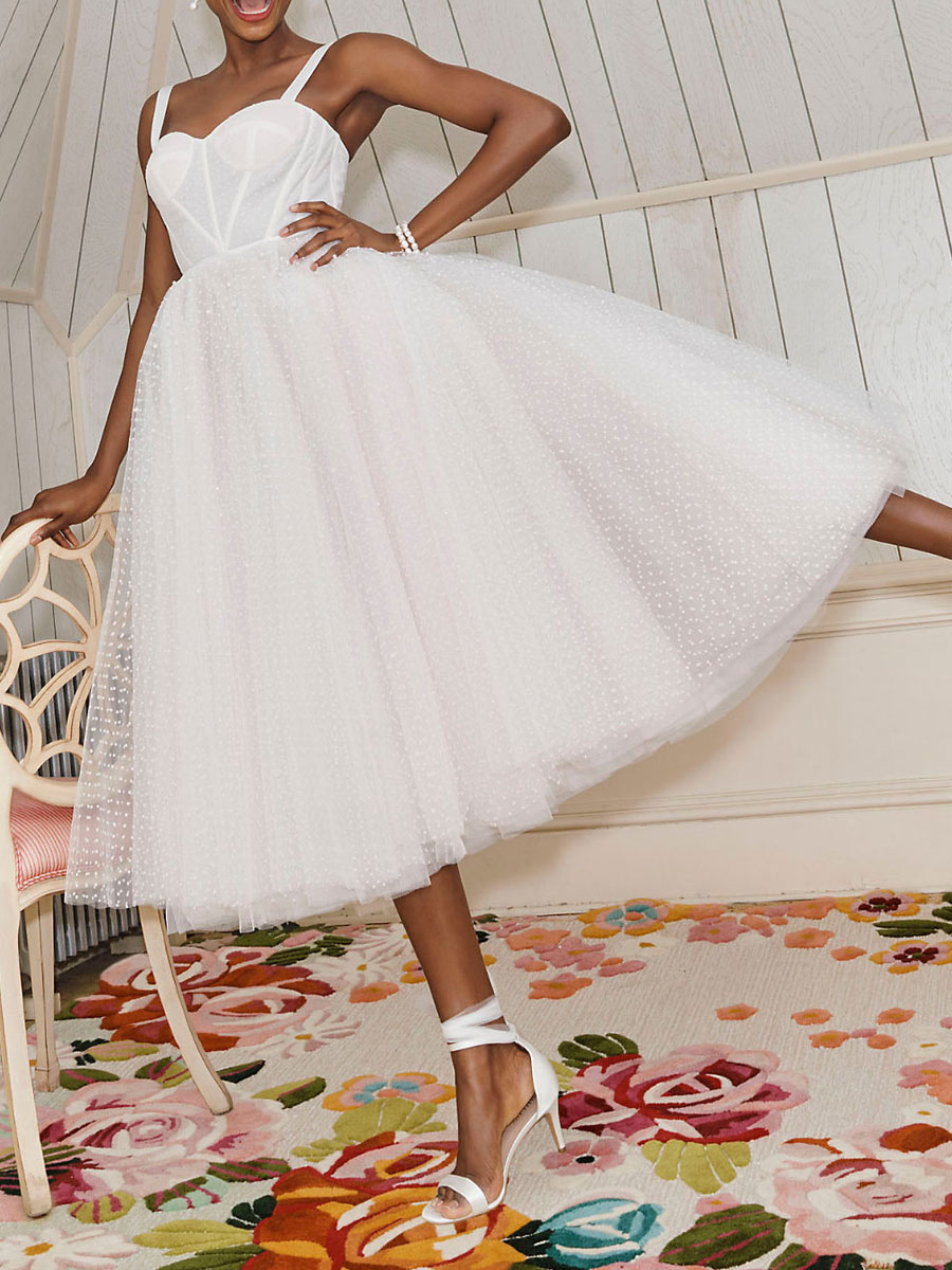 White Bridal Short Dress T-Length A-Line Sweetheart Pearls Spaghetti Straps Tea Length Dress-newarrivaldress