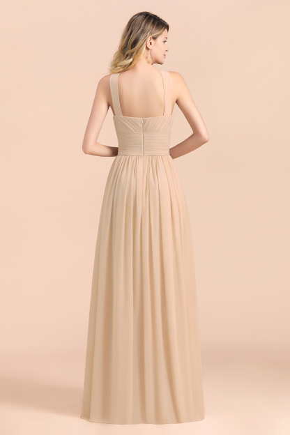 Champagne Ruched Chiffon Long Bridesmaid Dress Halter Wedding Party Dress-newarrivaldress