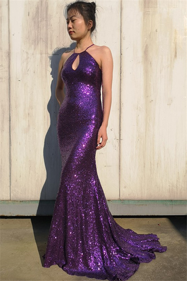 Glamorous Purple Halter Sleeveless Mermaid Floor-Length Prom Dress-newarrivaldress