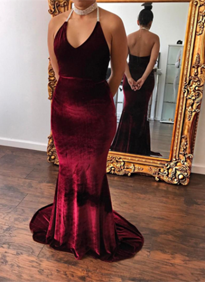 Halter Open Back Mermaid Velvet Evening Dresses | Sexy Sleeveless Sheath Prom Gowns-newarrivaldress