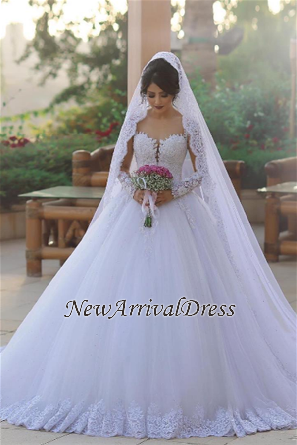 Long Sleeve Bridal Dress Online | Tulle Lace Appliques Popular Ball Gown Wedding Dresses-newarrivaldress