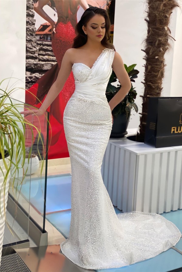 One Shoulder Sparkly Sequins Mermaid Evening Party Dress Ruched Prom Dress-newarrivaldress