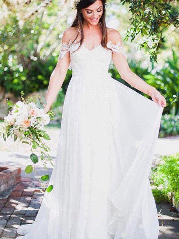 Sweep Train Sexy Chiffon Sleeveless Bridal Gowns | Appliques Lace Off The Shoulder Wedding Dresses-newarrivaldress