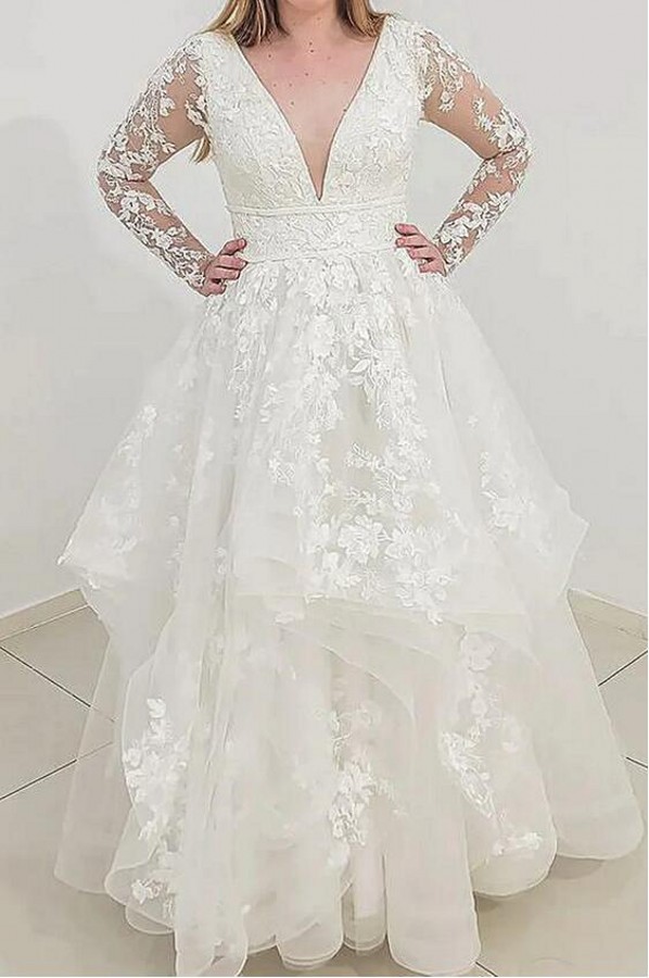 Elegant Long Sleeves A-line Wedding Dress Deep V-Neck Puffy Layers Lace Bridal Dress-newarrivaldress