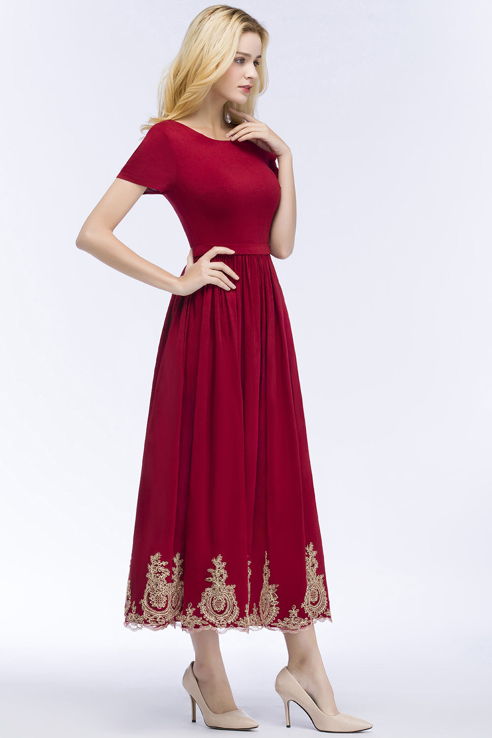 ROSEANNA | A-line Short Sleeves Ankle Length Appliques Prom Dresses with Sash-newarrivaldress