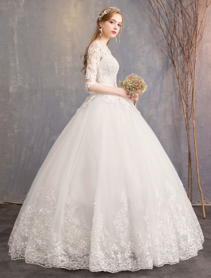 Princess Wedding Dresses Lace Illusion Neckline Half Sleeve Floor Length Bridal Gown-newarrivaldress