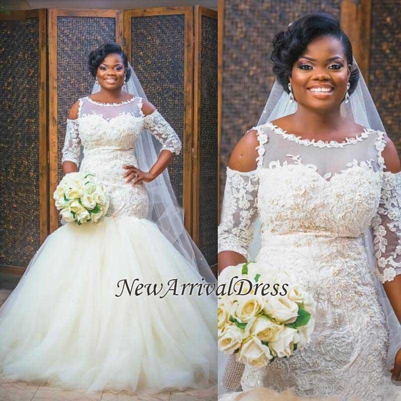 Custom Made Scoop Newest Tulle Half Sleeve Elegant Lace Appliques Mermaid Wedding Dress-newarrivaldress