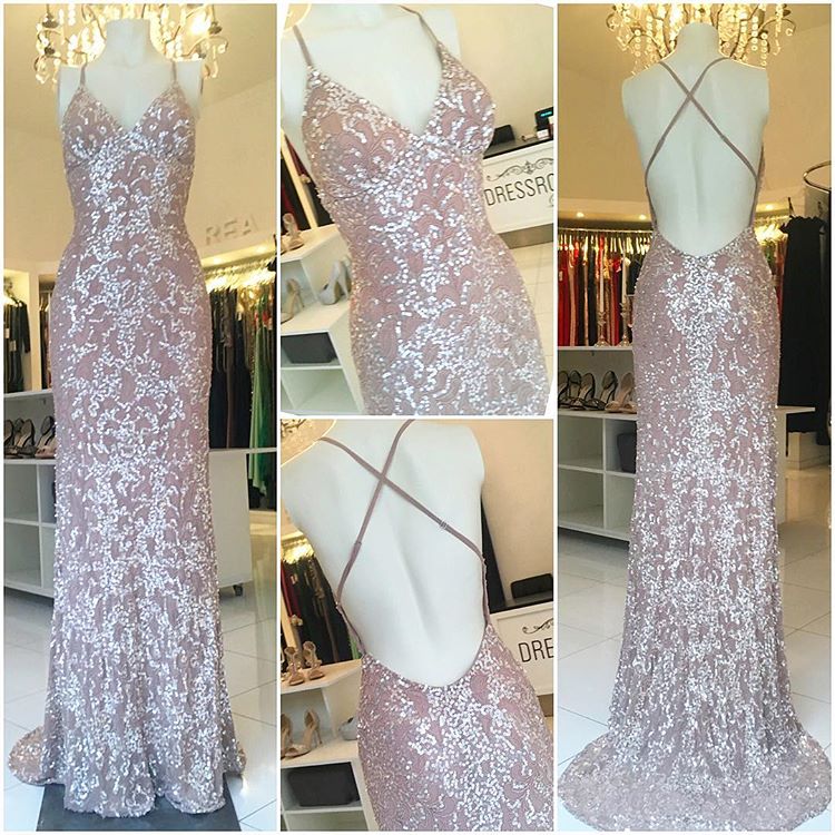 Elegant Luxurious Sweep Train Sheath Sequins Spaghetti Straps Evening Gowns-newarrivaldress
