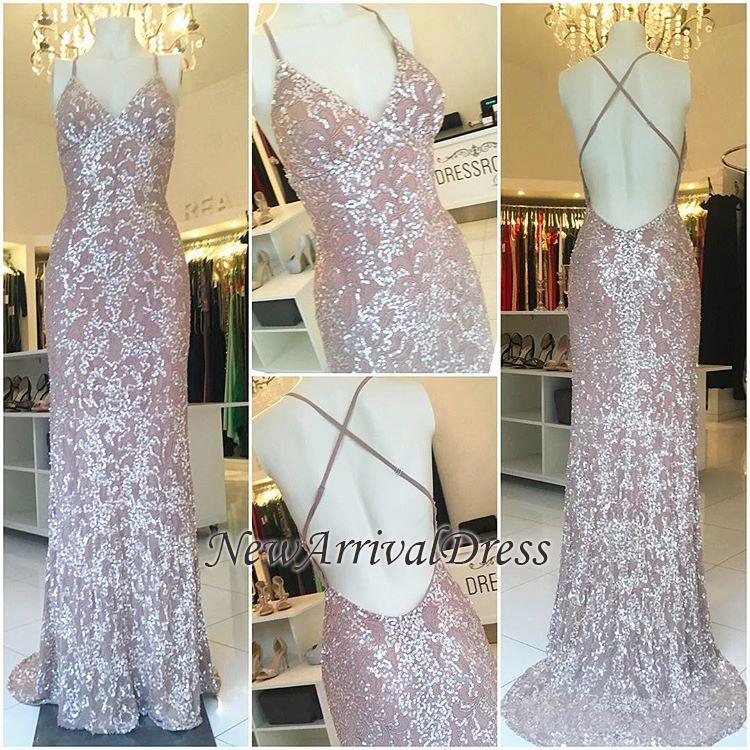 Elegant Luxurious Sweep Train Sheath Sequins Spaghetti Straps Evening Gowns-newarrivaldress