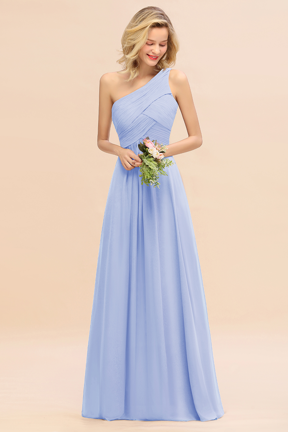 Elegant Ruched Chiffon One Shoulder Bridesmaid Dress Long Sleeveless Evening Dress-newarrivaldress