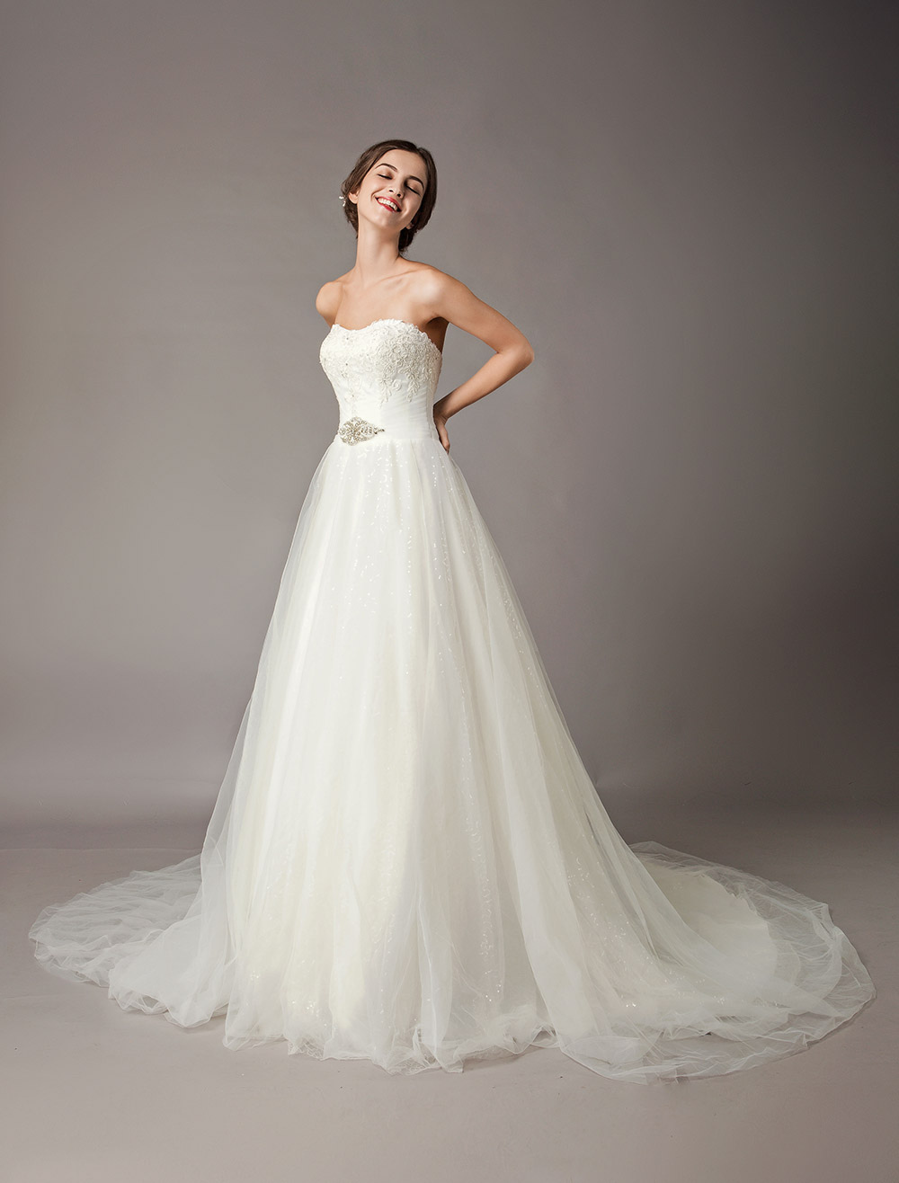 Wedding Dresses Ivory Strapless Lace Beaded Chapel Train Bridal Gowns-newarrivaldress