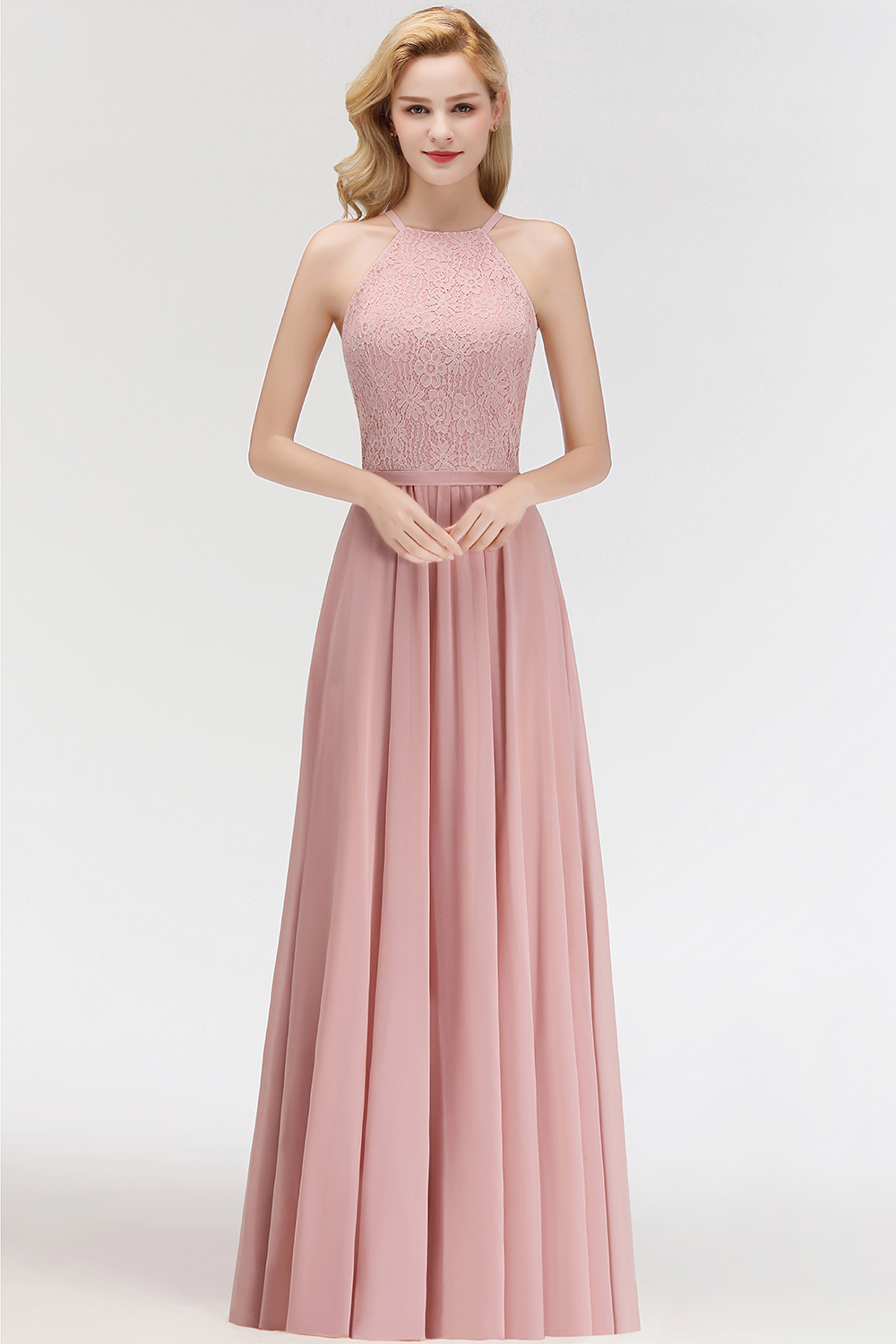 MARIANNA | A-line Sleeveless Halter Long Lace Chiffon Bridesmaid Dresses-newarrivaldress