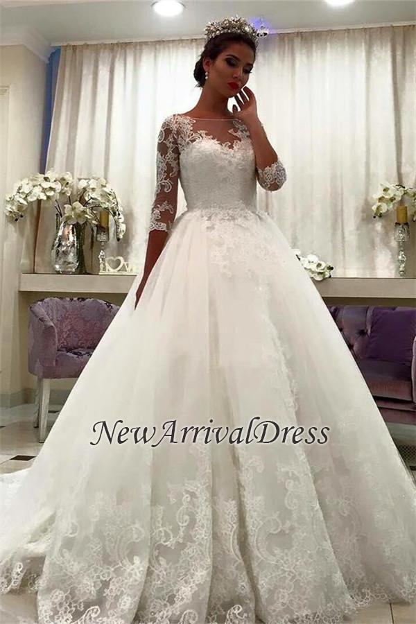 Chapel Train Bateau Online Half Sleeve New Arrival Lace Appliques Elegant Ball Gown Wedding Dresses BA6591-newarrivaldress