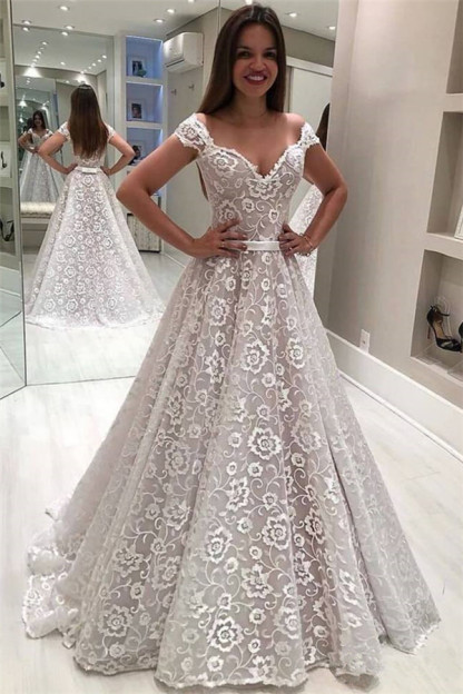 Gorgeous Lace Off The Shoulder Wedding Dresses | Ruffles Pearls Sleeveless Flowers Bridal Gowns