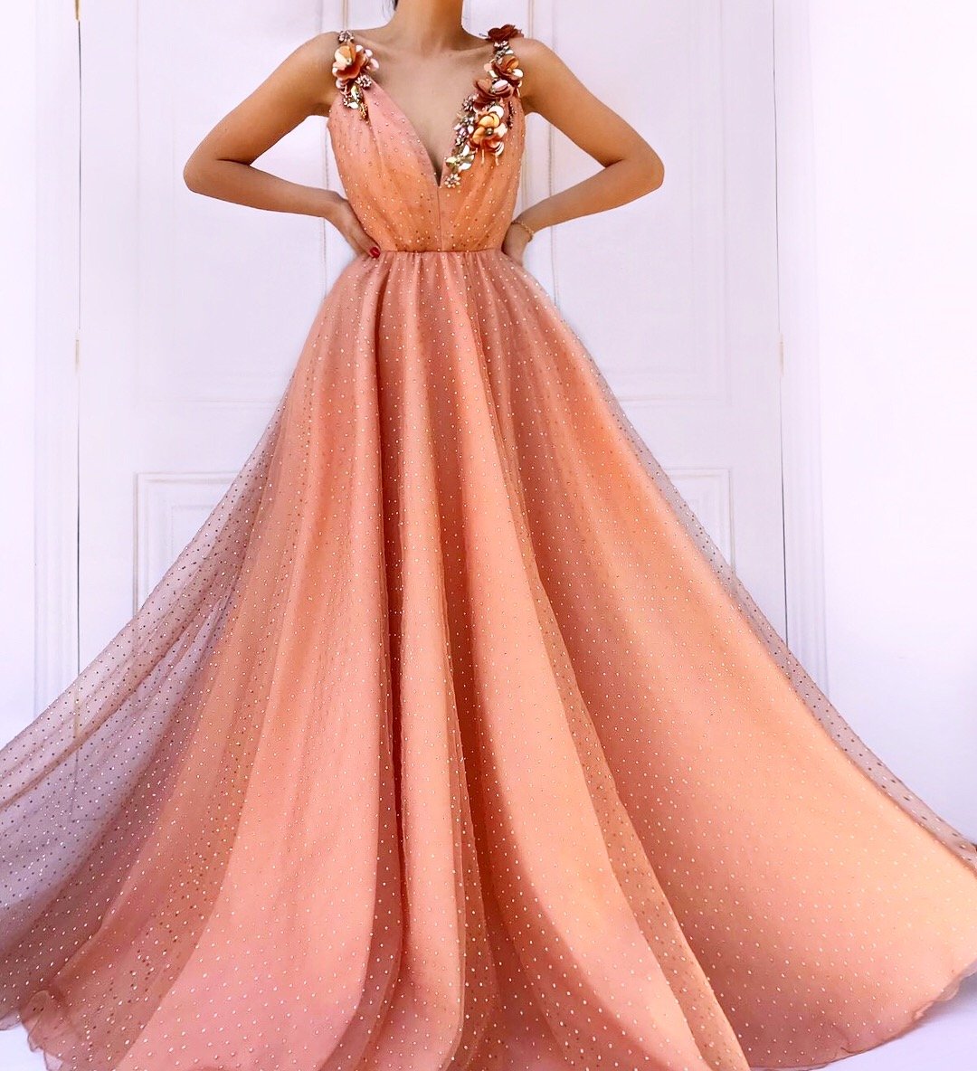Orange Flower Appliques Straps Sleeveless Tulle Prom Dress-newarrivaldress