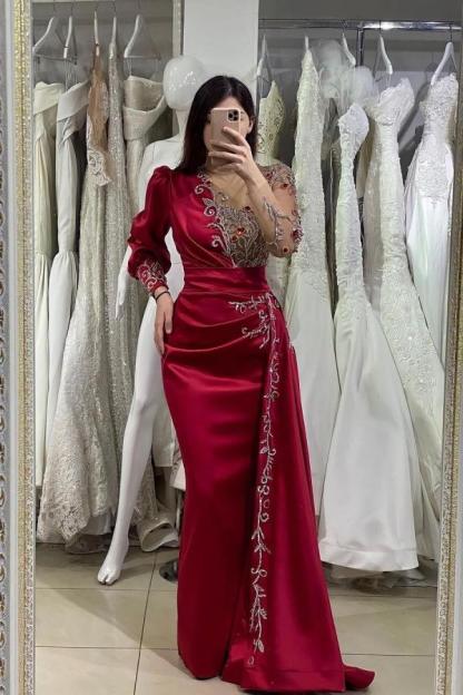 Long Sleeves Satin Mermaid Prom Dresses Long Sleeves with Sweep Train-newarrivaldress