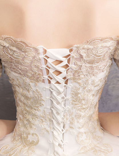 Tulle Wedding Dress Off The Shoulder Half Sleeve Princess Bridal Gown-newarrivaldress