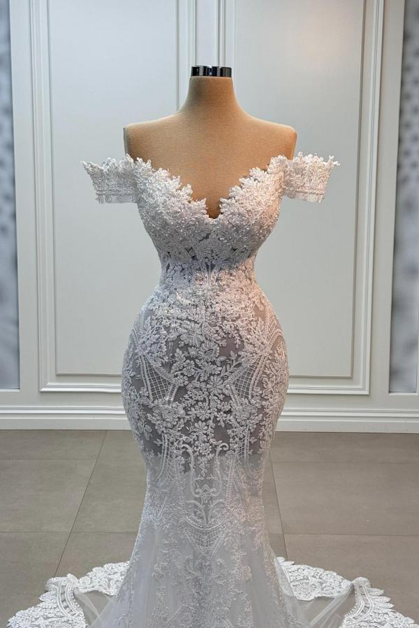 Off-the-Shoulder Floral Lace Mermaid Bridal Gown Long Wedding Dress-newarrivaldress