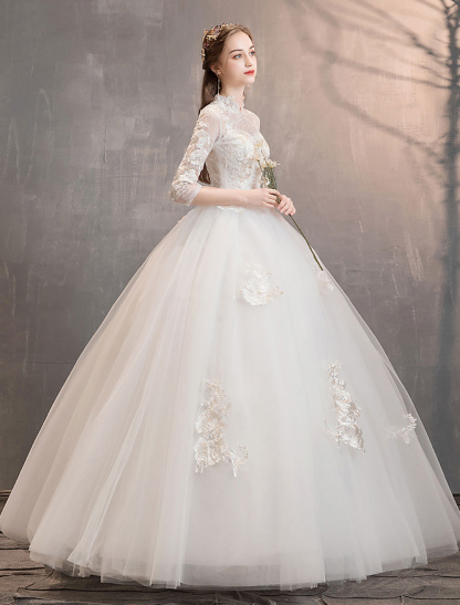 Tulle Wedding Dresses Ivory Illusion Neckline Half Sleeve Floor Length Princess Bridal Dress-newarrivaldress