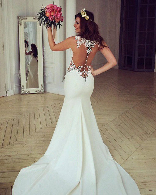 Illusion Sexy Lace Appliques Mermaid Modern Satin Wedding Dresses with Court Train-newarrivaldress