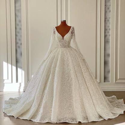Luxury Long Sleeves Aline Wedding Dress V-Neck Floral Lace Bridal Gown-newarrivaldress