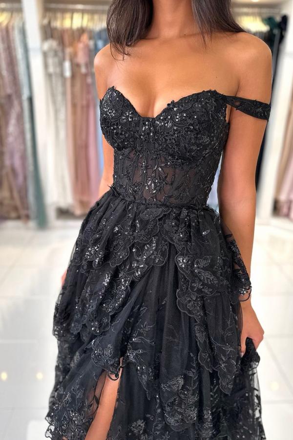 Charming Off-the-Shoulder Shiny Puffy Front Slit Evening Dress-newarrivaldress