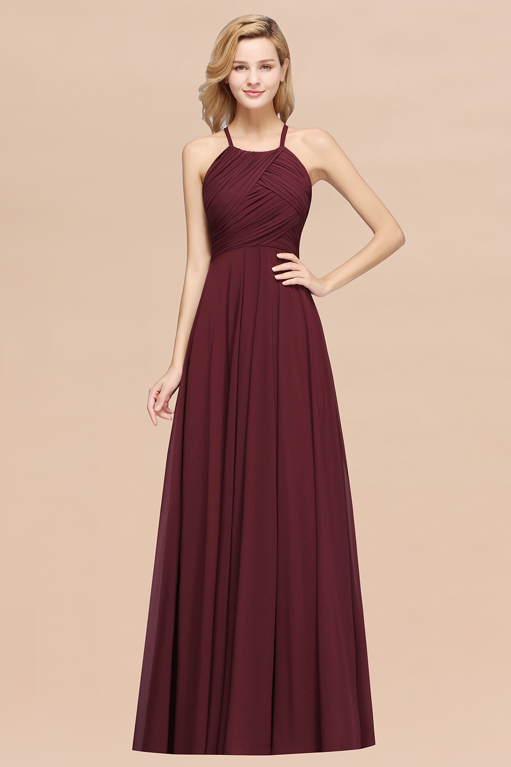 Halter Pleated Bridesmaid Dress Chiffon Sleeveless Floor Length Wedding Guest Dress-newarrivaldress