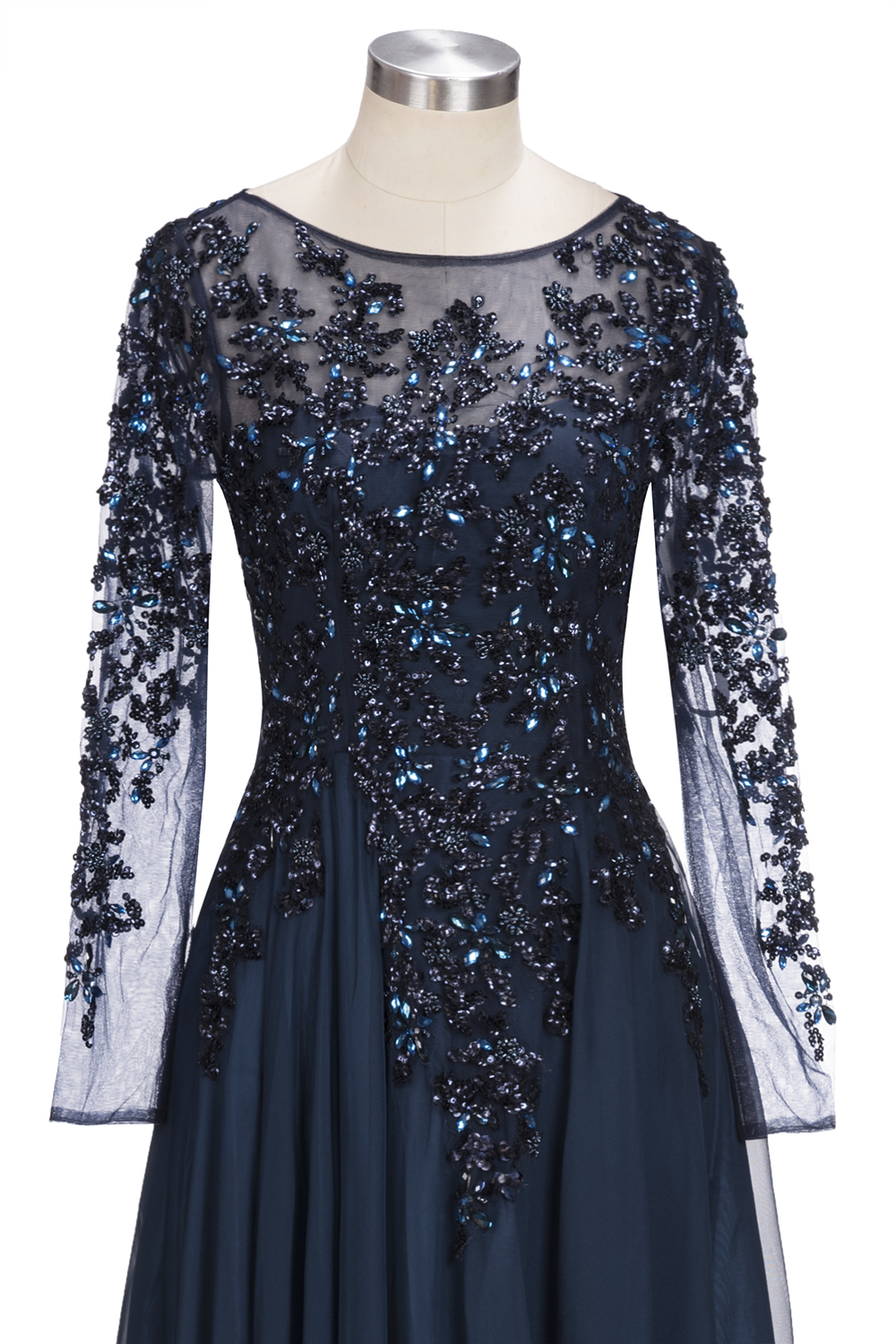 Dark Navy A-line Floor Length Long Sleeve Beads Appliques Elegant Evening Dresses-newarrivaldress