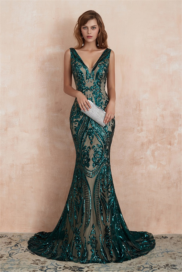 Stunning V-neck Slim Mermaid Prom Dress Sleeveless Glitter Evening Gown-newarrivaldress