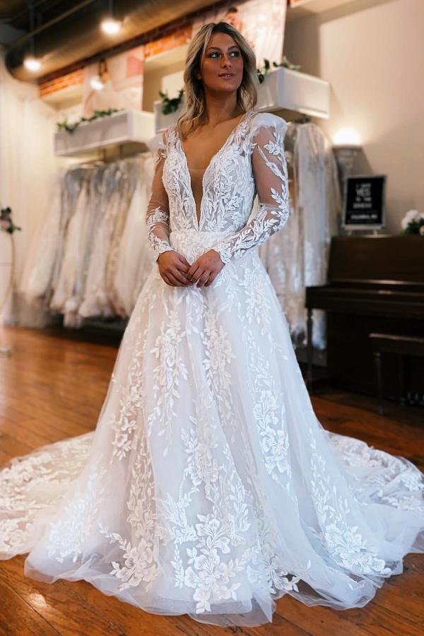 Elegant White Tulle A-line Wedding Dress Deep V-neck Floral Lace Bridal Dress-newarrivaldress