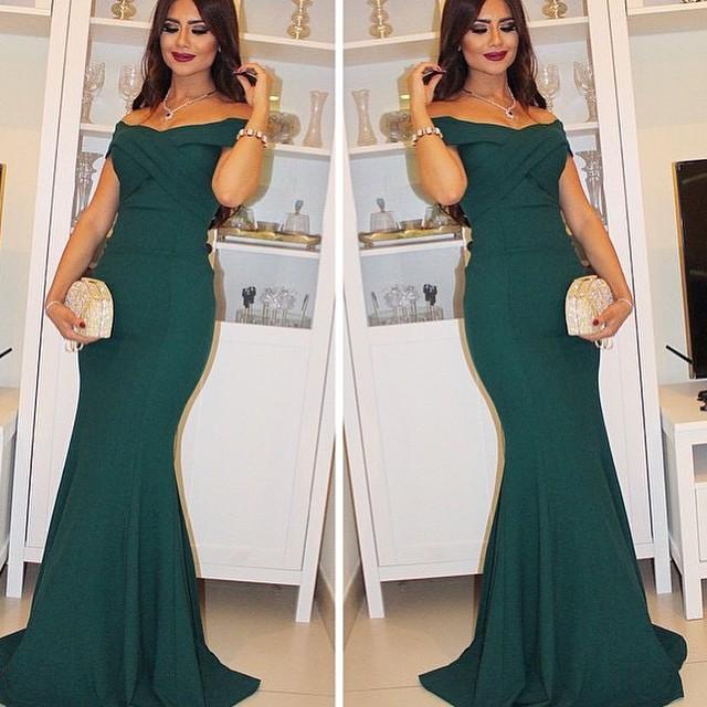 Dark Green Mermaid Evening Gowns Off the Shoulder Short Sleeves Ruched Long Formal Party Dresses-newarrivaldress