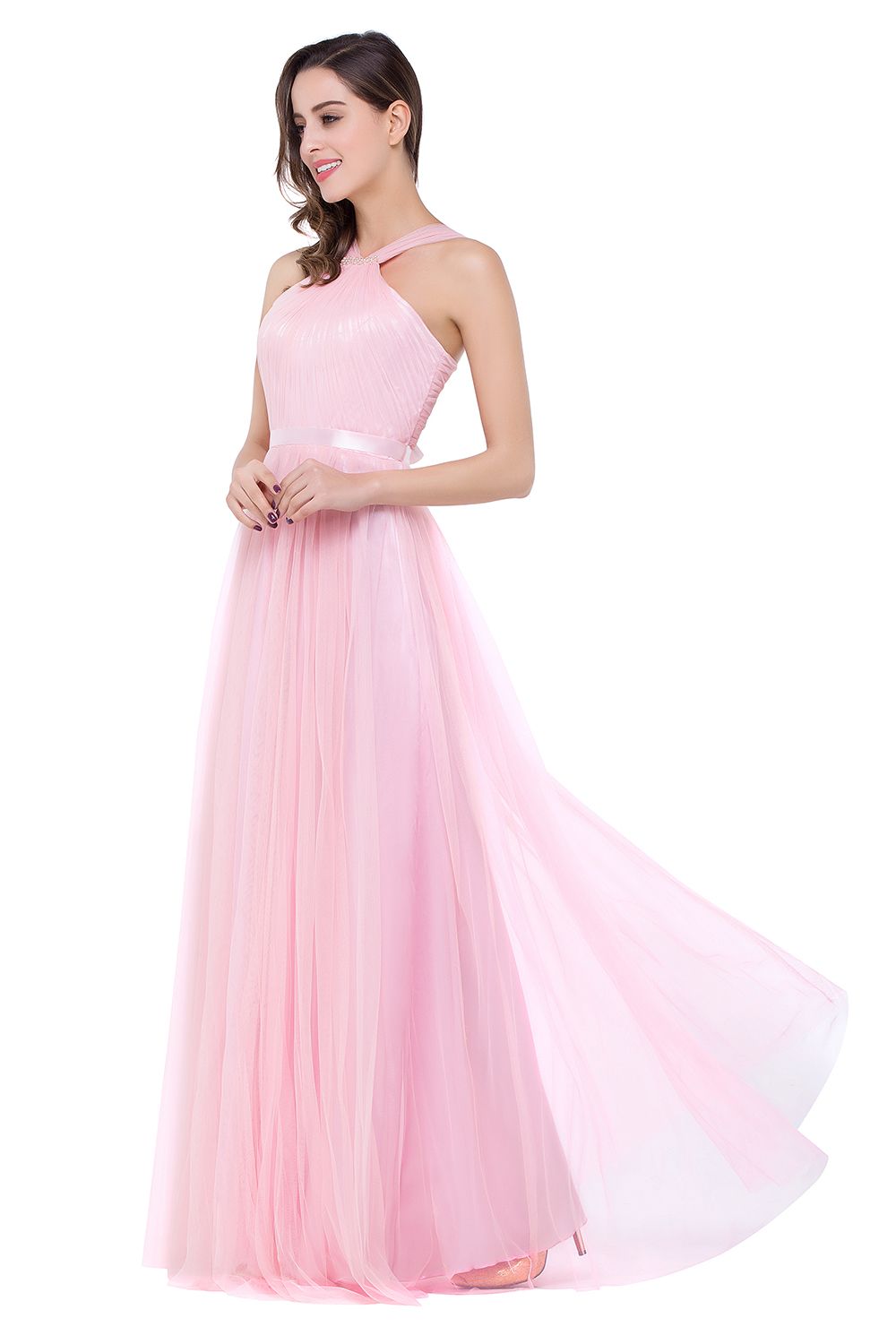 ELLIOTT | Sheath Floor-length Pink Tulle Bridesmaid Dresses with Ribbon Sash-newarrivaldress