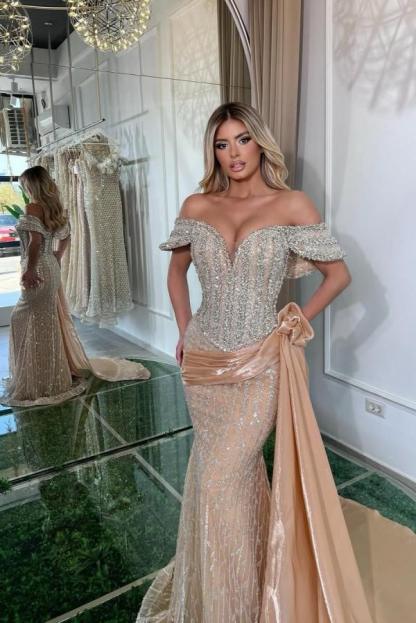 Off-the-Shoulder Glitter Sequins Mermaid Prom Dress with Sweep Train-newarrivaldress