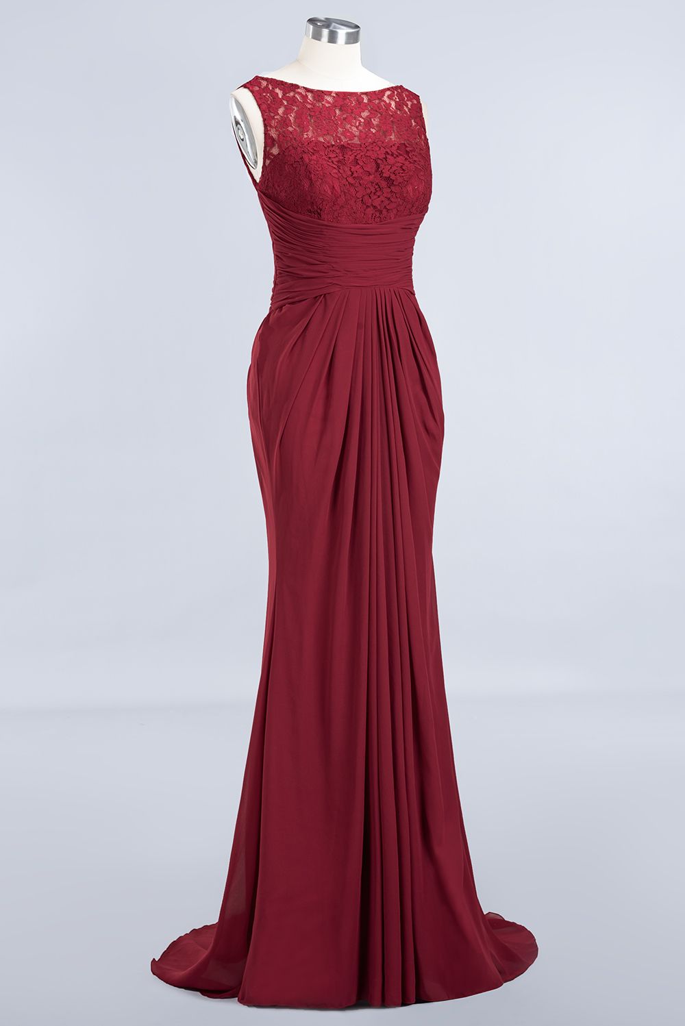 Elegant A-Line Burgundy Chiffon Lace Scoop Sleeveless Ruffles Floor-Length Bridesmaid Dresses-newarrivaldress