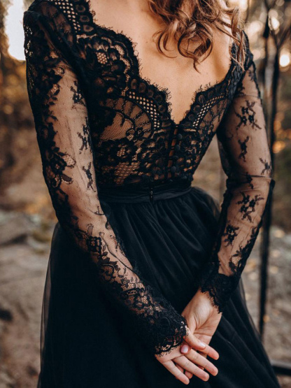 Black Wedding Dresses A-Line Designed Tulle Lace Bridal Gown Long Sleeves-newarrivaldress