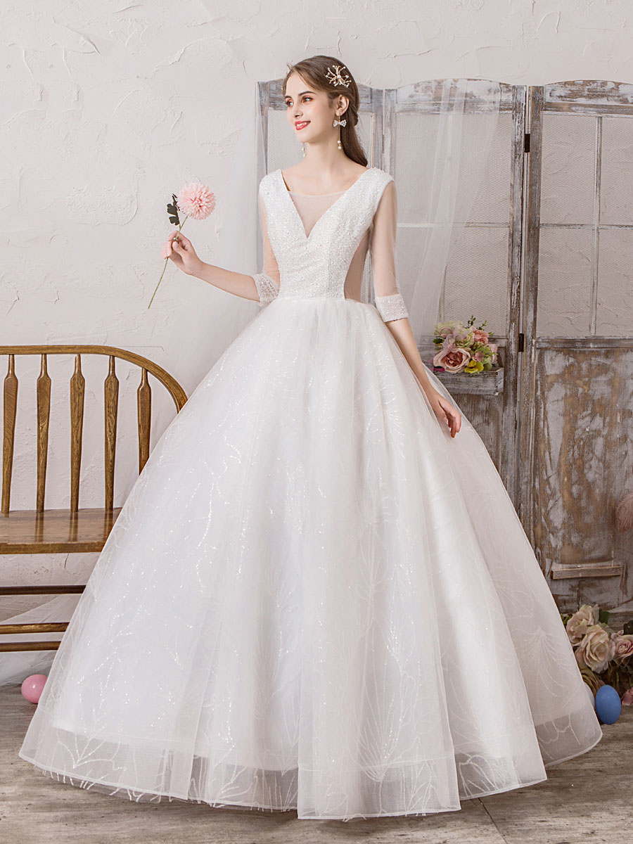 Wedding Dress Princess Silhouette Floor Length V Neck Sleeveless Natural Waist Beaded Lycra Spandex Bridal Gowns-newarrivaldress