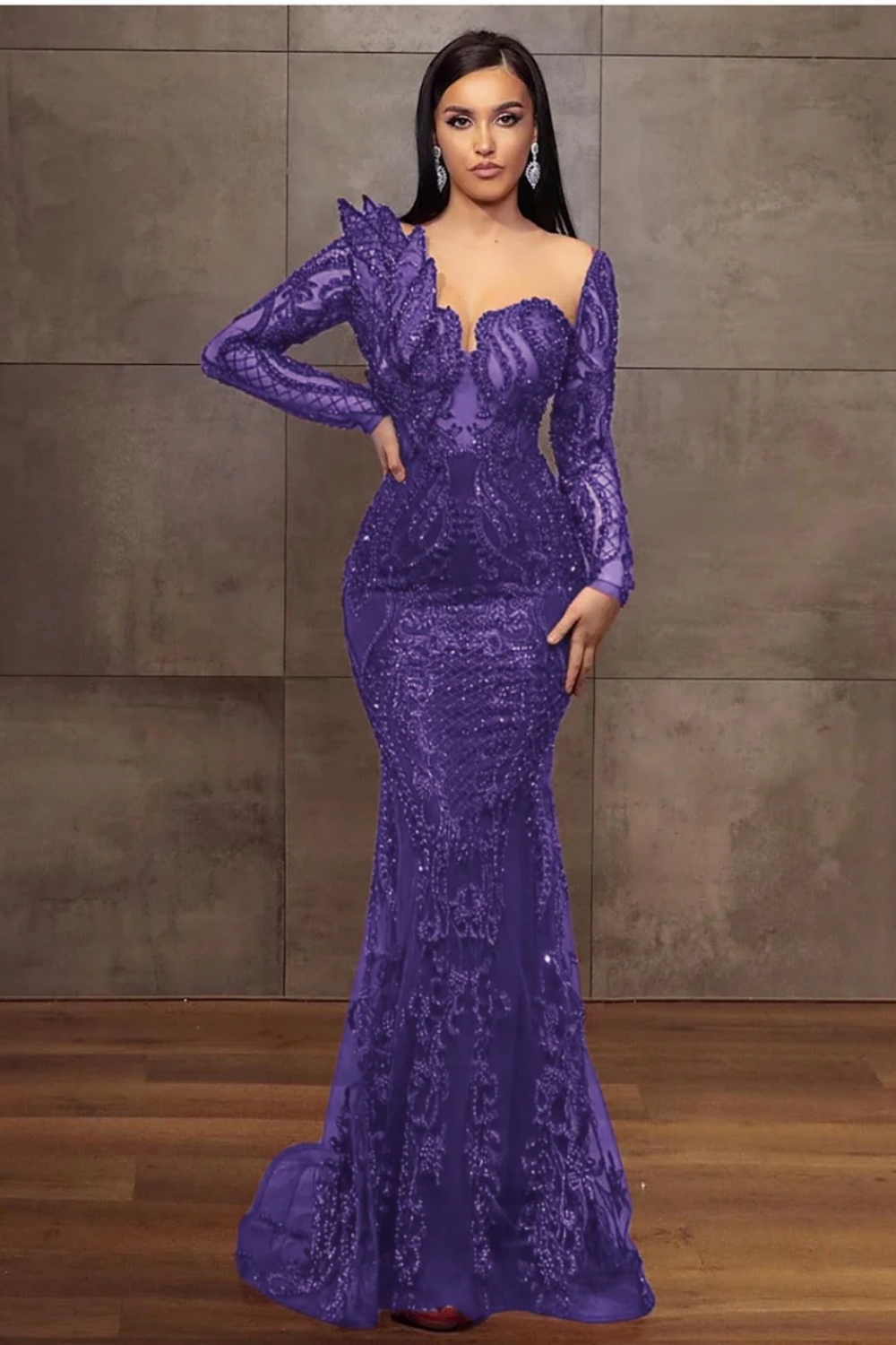 Charming Glitter Burgundy Long Sleeves Mermaid Prom Dress Beadings Evening Dress-newarrivaldress