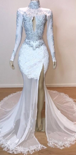 White Stunning Lace Long Sleeve Long Prom Dresses | New Arrival Sheer Tulle Slit Mermaid Evening Gowns-newarrivaldress