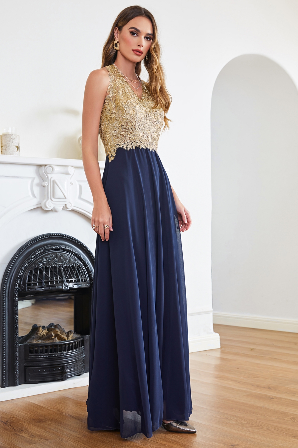 Chiffon Long Evening Dress Sleeveless Gold Appliques Floor Length Bridesmaid Dress V-neck-newarrivaldress