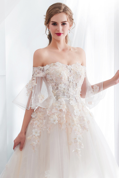 Sexy Off The Shoulder Floor Length Lace Appliques Tulle Ball Gown Wedding Dresses-newarrivaldress