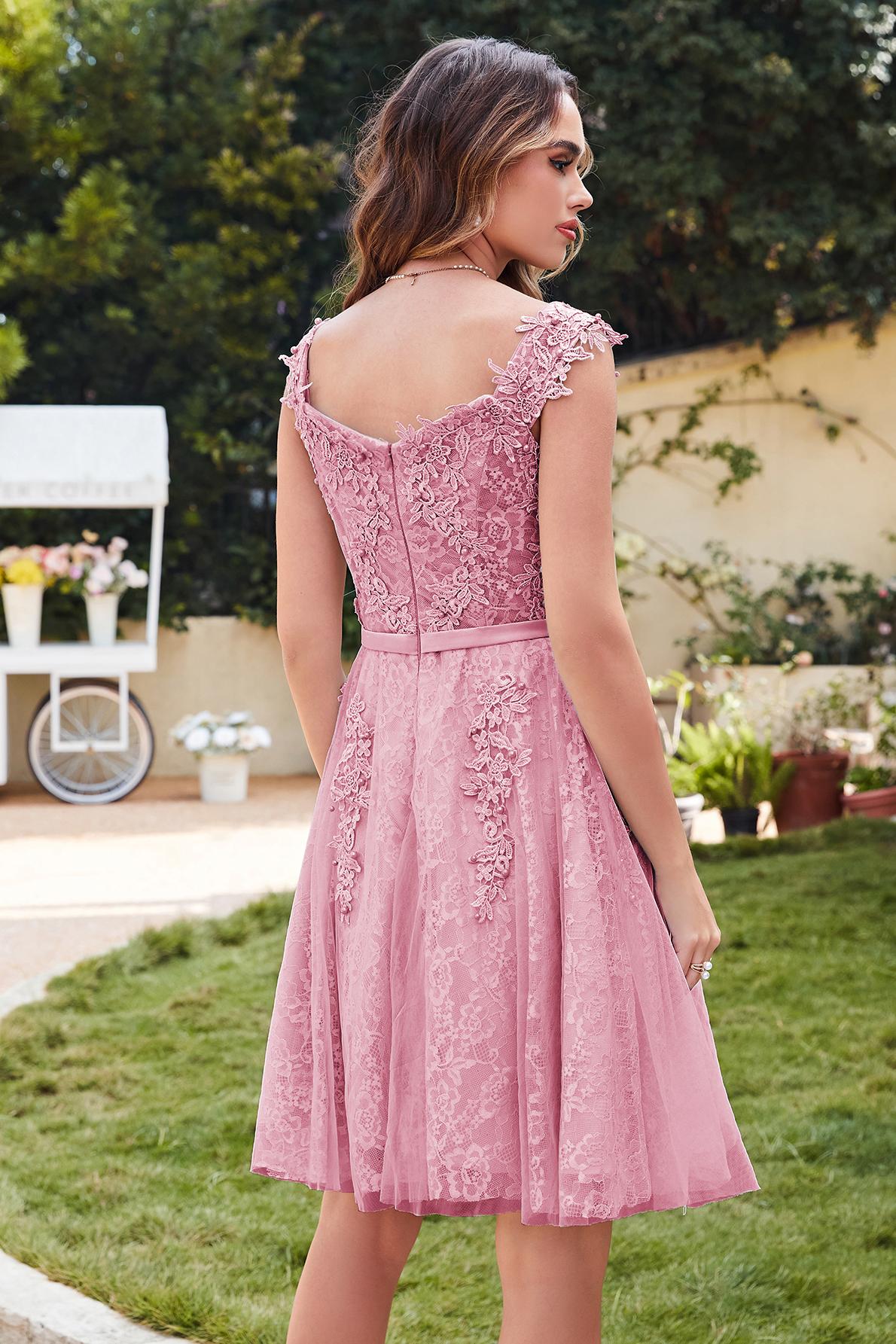 WILMA | Ball Gown Illusion Neckline Tea Length Lace Tulle Dusty Pink Prom Dresses with Beading-newarrivaldress
