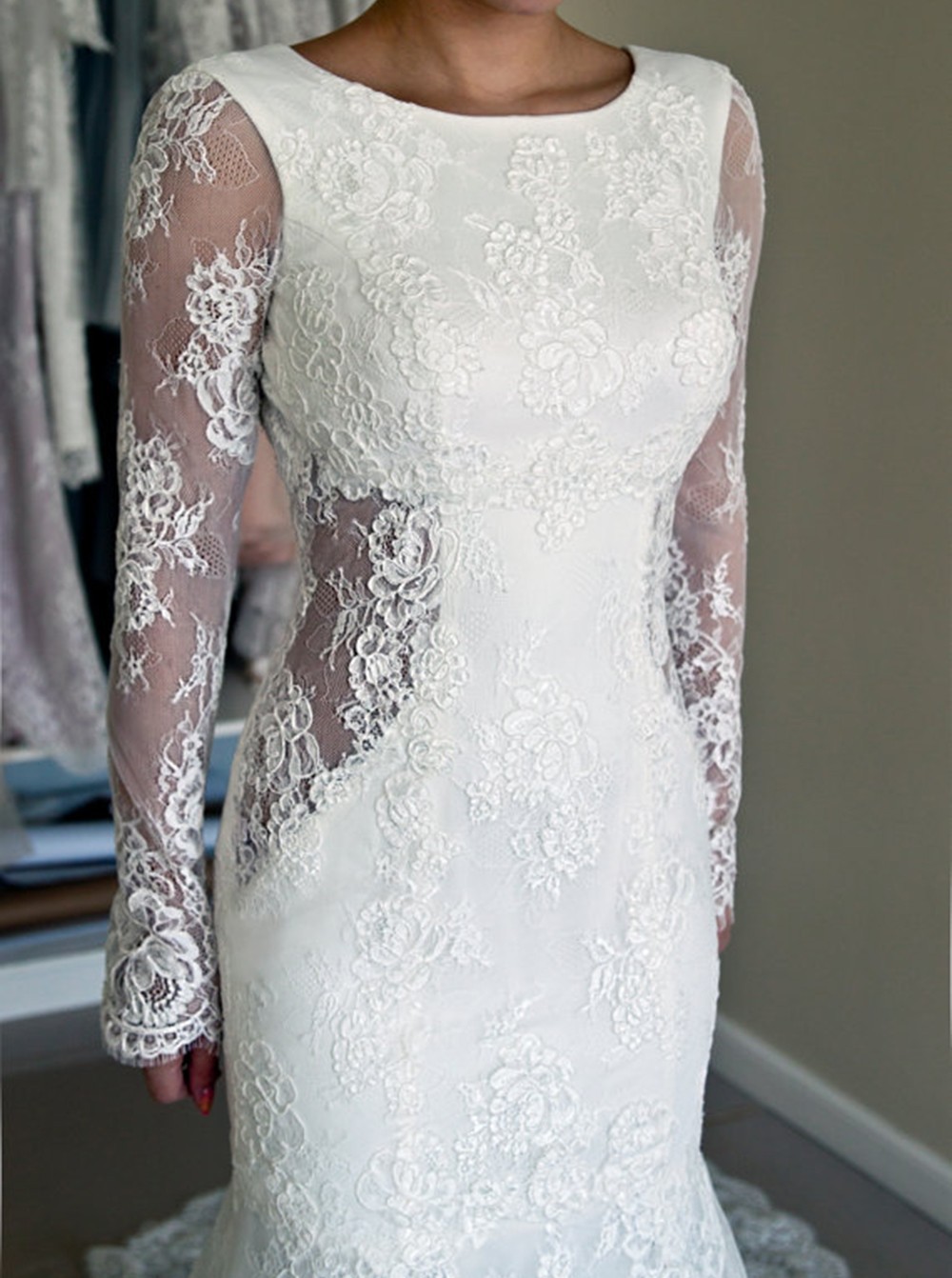 Backless Mermaid Gorgeous Lace Long Sleeve Sweep Train Wedding Dresses Online-newarrivaldress