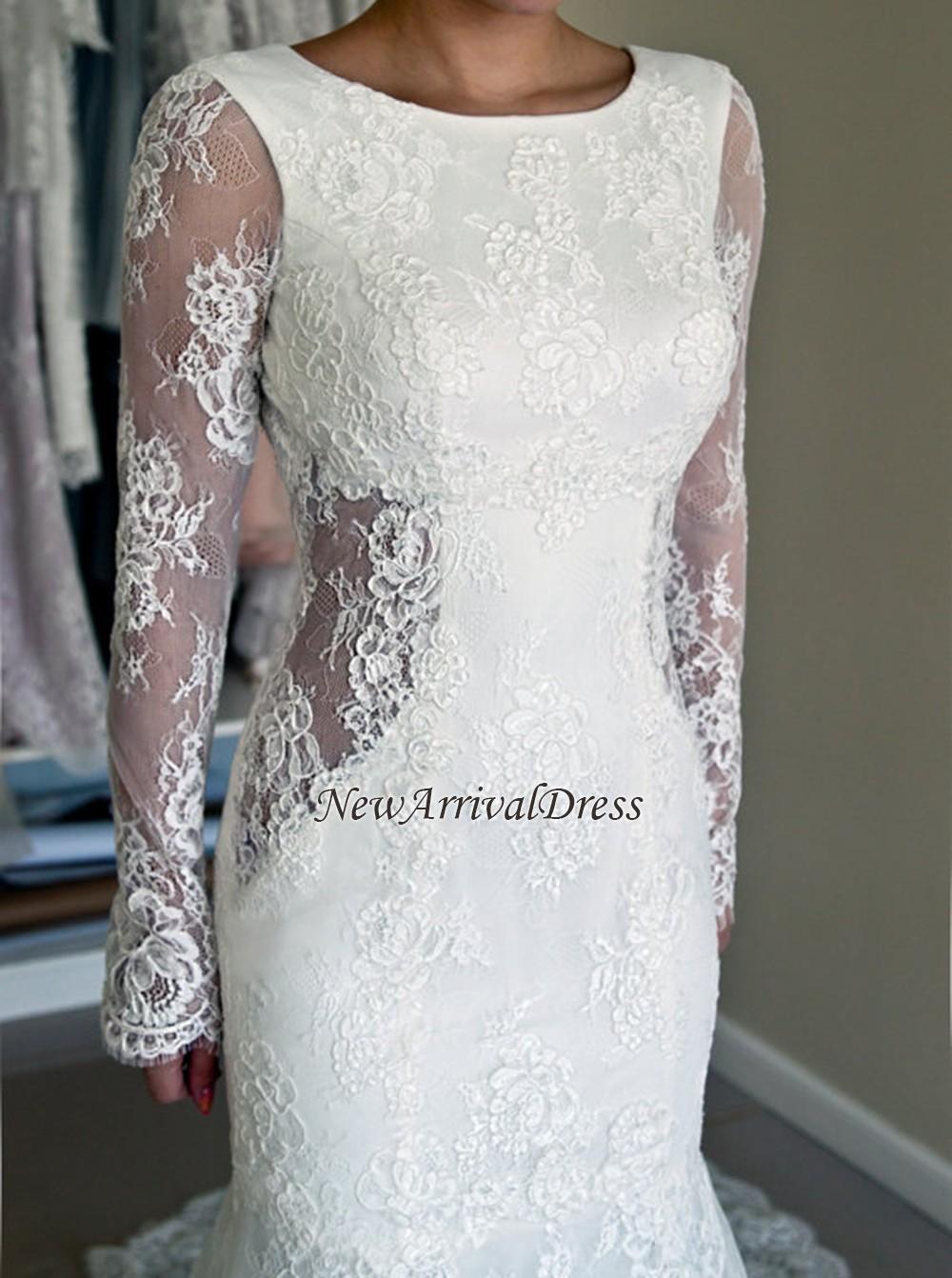 Backless Mermaid Gorgeous Lace Long Sleeve Sweep Train Wedding Dresses Online-newarrivaldress
