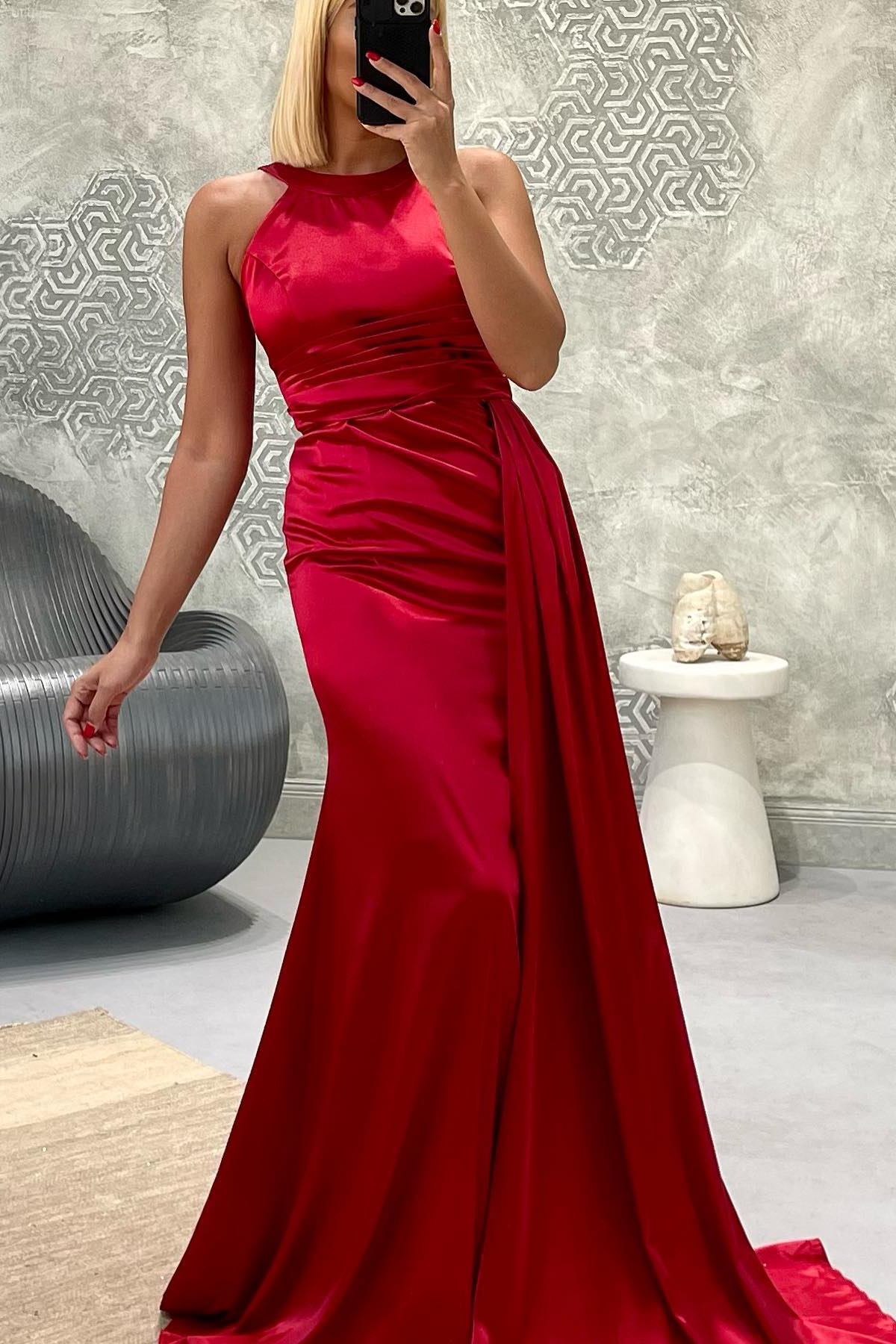Chic Halter Satin Floor Length Prom Dress with Sweep Train-newarrivaldress