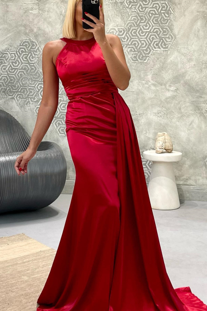 Chic Halter Satin Floor Length Prom Dress with Sweep Train-newarrivaldress