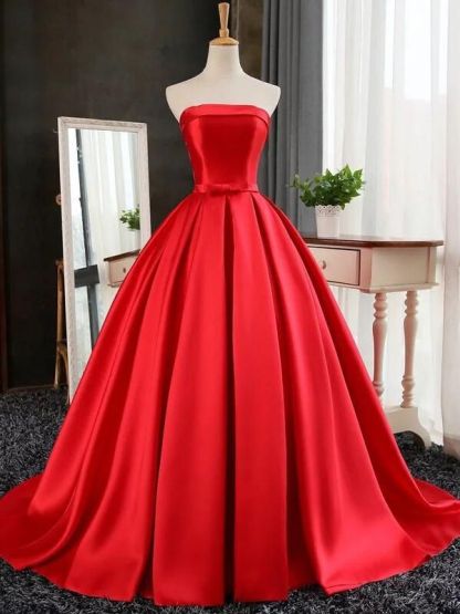 Strapless Red Bows-Sashes Puffy Simple Long Prom Dresses BA8232-newarrivaldress