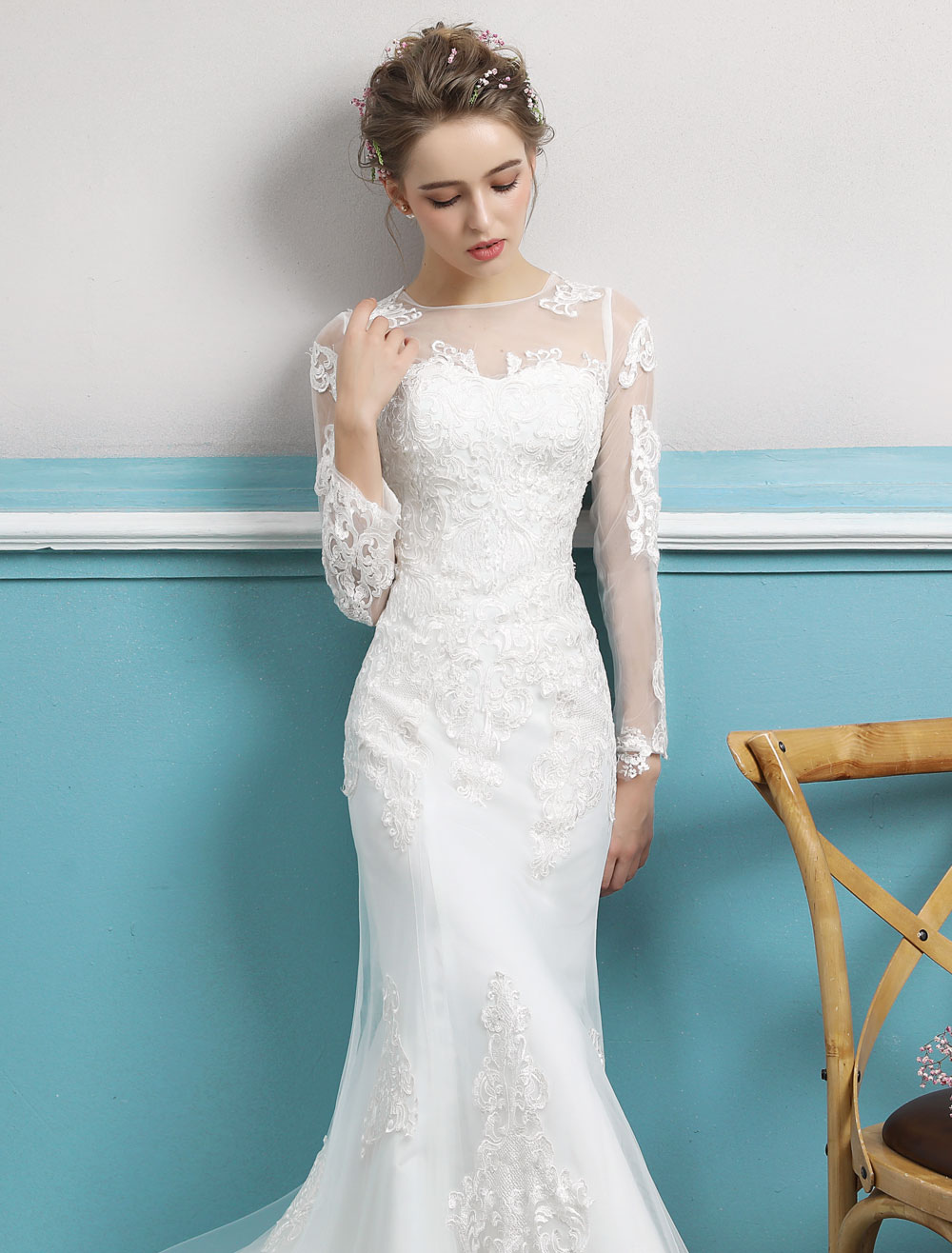 Mermaid Wedding Dresses Long Sleeve Ivory Lace Illusion Train Bridal Gowns-newarrivaldress