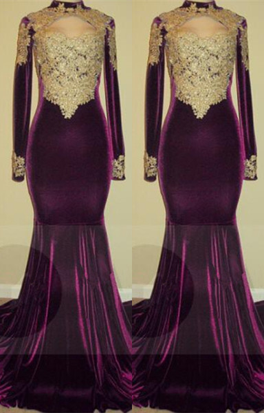 Gold Lace Appliques Velvet Prom Dresses | Mermaid Long Sleeve Prom Gowns on Mannequins BA7801-newarrivaldress
