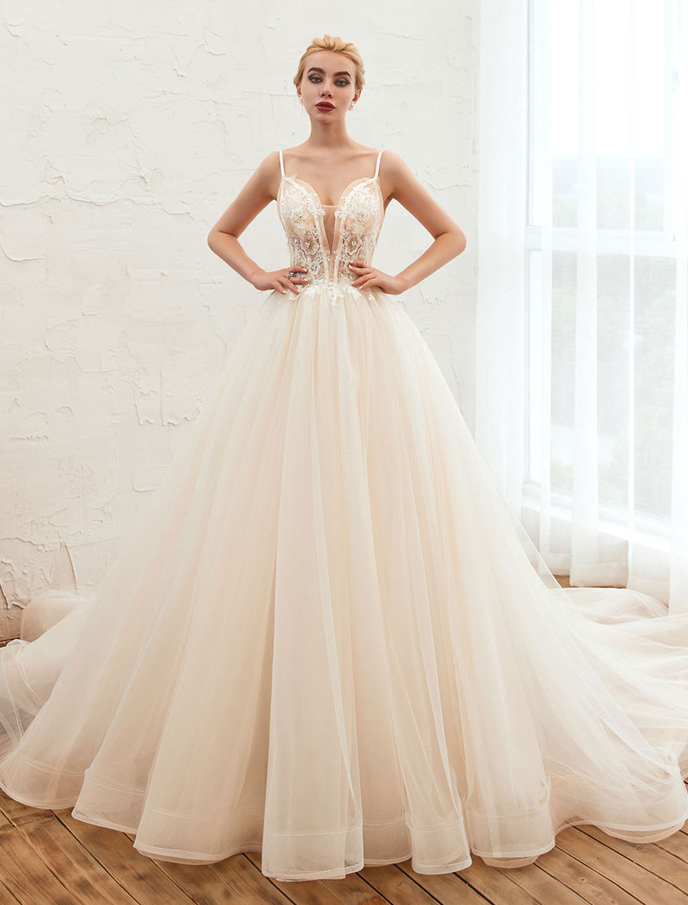 Wedding Dress 2021 A Line V Neck Sleeveless Natural Waist With Train Tulle Bridal Gowns-newarrivaldress