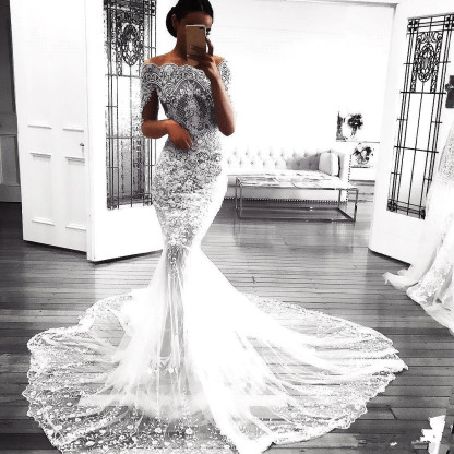 Sexy Mermaid Long Sleeve Lace Wedding Dresses | Flowers See Through Tulle Bridal Gowns-newarrivaldress